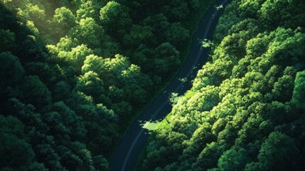 A winding road through a lush green forest with sunlight streaming through the trees.