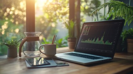 A workspace featuring a laptop displaying data analysis, coffee, and plants.