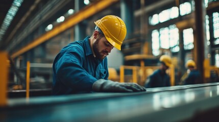 Industrial worker inspecting metal surface in factory.
