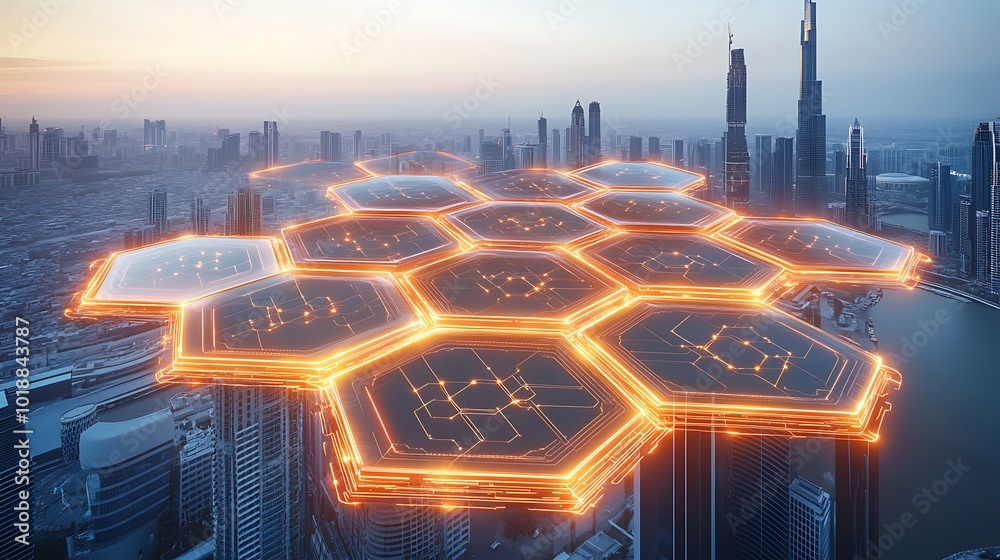 Poster A futuristic cityscape with a glowing honeycomb pattern in the sky, symbolizing technology and progress.
