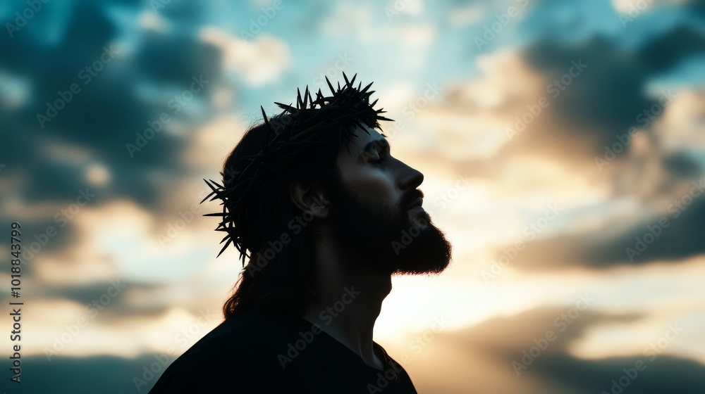 Poster Jesus silhouette in a crown of thorns with light rays breaking through clouds symbolizing sacrifice and redemption 