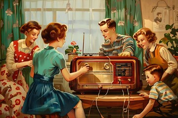 a retro style painting of a family gathered around a vintage radio
