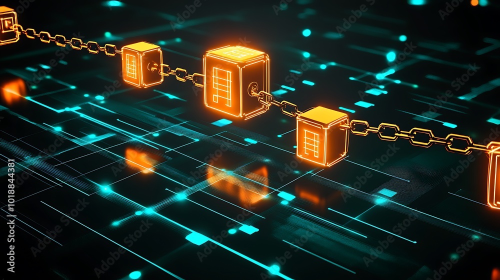 Poster 3D rendering of a blockchain chain with glowing orange blocks linked by gold chains on a dark blue digital background.