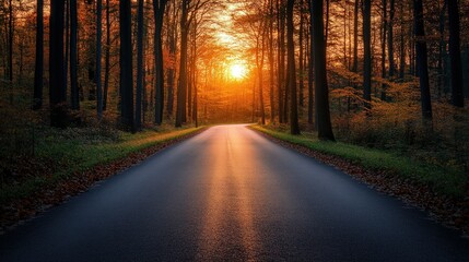 Fototapeta premium A long, paved road through a forest with the sun setting in the distance.