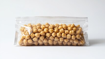 A vacuum-sealed bag of chickpeas displayed on a white background, emphasizing freshness and long shelf life.