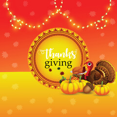 Happy thanksgiving day greeting card with turkey bird, pumpkin and autumn leaves