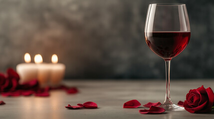 Mockup of a Valentine's Day dinner menu placed on a table with candles, rose petals, and a red wine glass, romantic ambiance for customization 