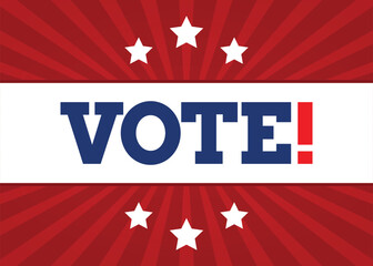 Election social media poster template with vote typography, star icon, and a blue background light burst in red.