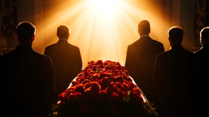 Open casket surrounded by mourners dressed in black, autumn light filtering through windows, final goodbye theme 