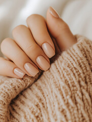 Сlose up shot of a woman's hand and nails natural beige manicure on the background of a beige sweater, autumn mood, warm beige tones