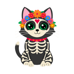 A skeleton cat with a flower crown on its head. The cat is wearing a skeleton costume and has a skeleton collar