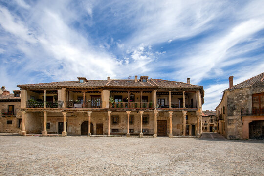 Plaza Mayor de Pedraza, Segovia, Castilla y Leon, Spain, with its medieval structure and wooden porticoed buildings