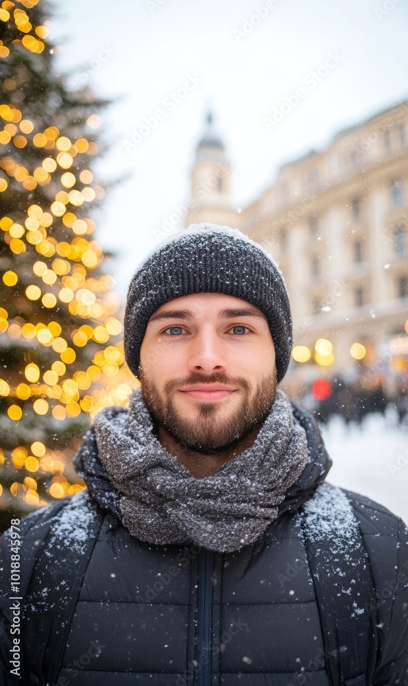 Wall mural Person bundled up in winter clothes, taking a selfie in a snowy city square with Christmas decorations and festive lights 