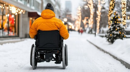 Person using a power wheelchair on a snow-cleared sidewalk, passing by warmly lit holiday decorations and festive shops 