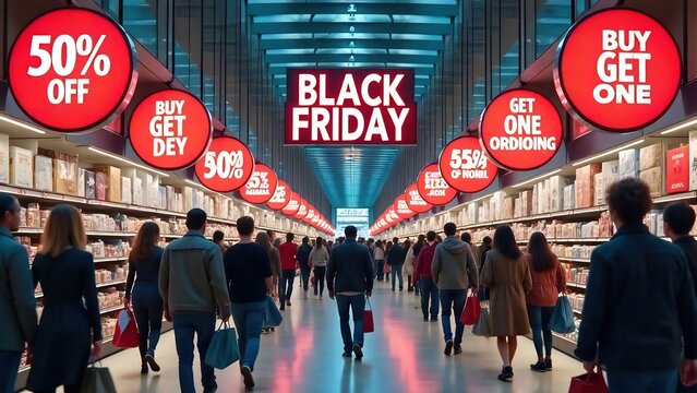 Black Friday. Personas comprando en tienda aprovechando las ofertas. Consumo. Capitalista. 