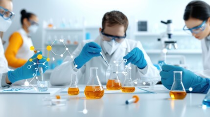 Team of scientists working in laboratory. Digital interface of molecular structures analysis.