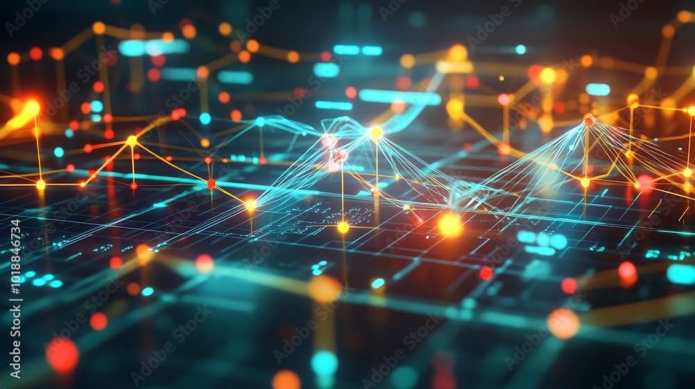 Poster Abstract digital network with glowing lines and dots.