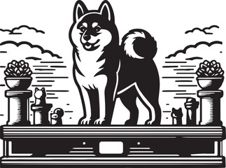 Shiba Inu dog black and white illustration