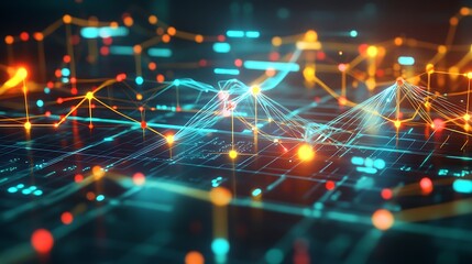 Abstract digital network with glowing lines and dots.