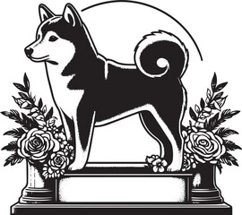 Shiba Inu dog with roses black and white illustration
