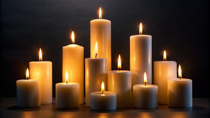 group of white pillar candles with burning flames illuminated against dark background cut-out...
