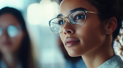 Focused Businesswoman Wearing Glasses During Office Meeting, Generative AI