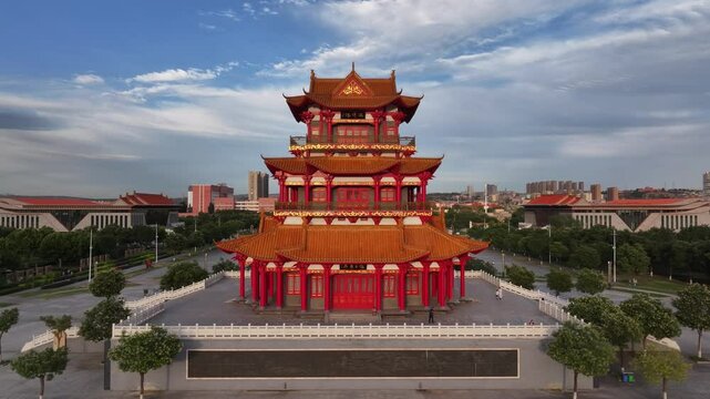 view of ancinet pavilion by river huang he in shanxi