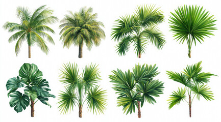 Set of Tropical Tree Monstera, Palm, Pine,  Coconut