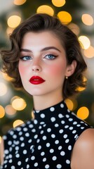 Fototapeta premium Retro-inspired Christmas look with a polka dot dress, red lipstick, and cat-eye eyeliner, vintage holiday charm 