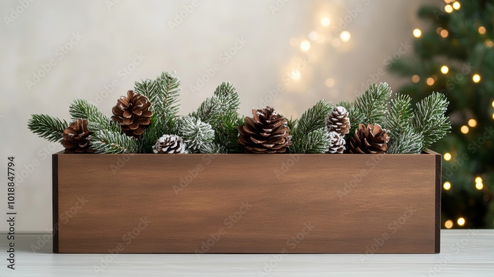 Sticker Rustic wooden Christmas frame wrapped in twinkling fairy lights, pinecones, and frosted berries, capturing a cozy holiday feel 