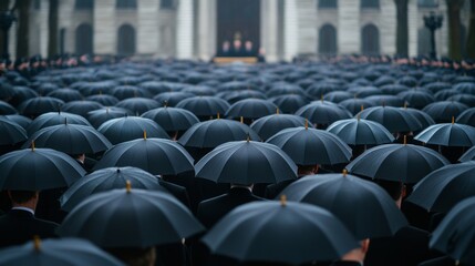 Rows of black umbrellas in a large crowd with a casket being carried into a grand hall, famous artist’s funeral 