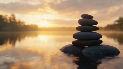 A stack of smooth gray stones balanced on a larger rock in a still lake at sunset, with a soft, golden glow reflecting on the water.