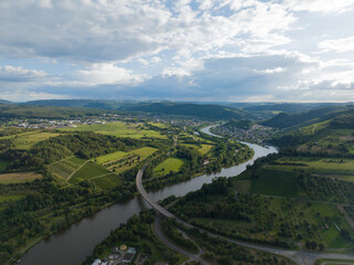 Hilly landscape in the Trier Saarburg district, Germany. Saar river, daytime.