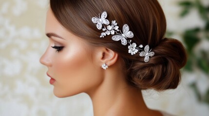 Silver hair charms with tiny butterflies delicately pinned into a twisted updo on a vintage lace background 