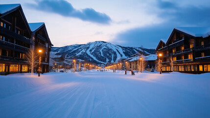 Ski resort town at twilight with festive holiday lights strung along the streets, skiers and families enjoying the winter wonderland 