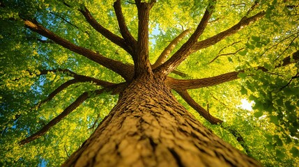Naklejka premium Leafy Tree with Thick Branches View from Below, Forest, Nature, Photo Realistic, Wallpaper, Cover and Screen for Smartphone, PC, Laptop, 9:16 and 16:9 Format