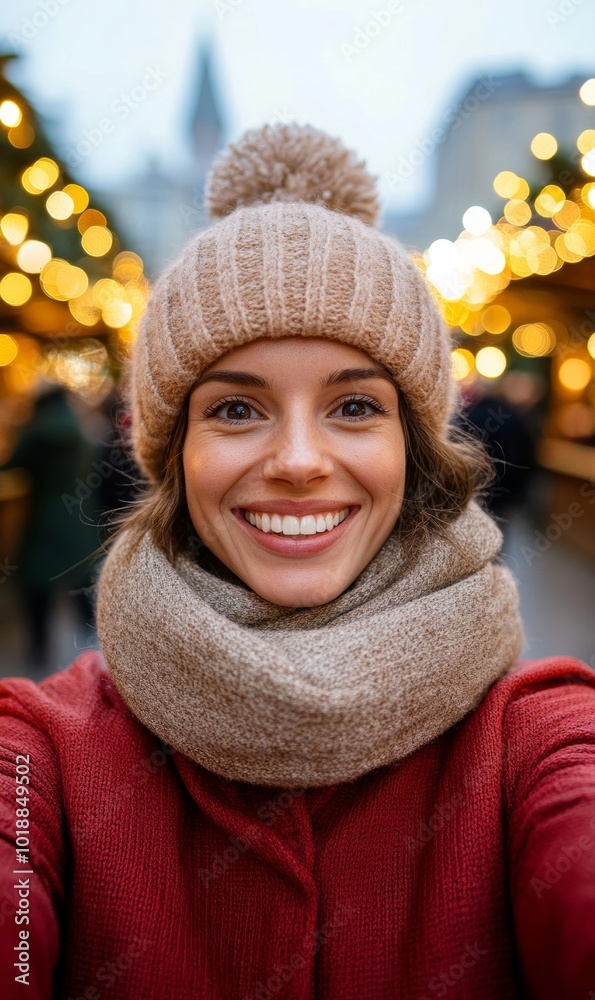 Canvas Prints Smiling person making a selfie in a Christmas market surrounded by wooden stalls and glowing ornaments, holiday cheer theme 