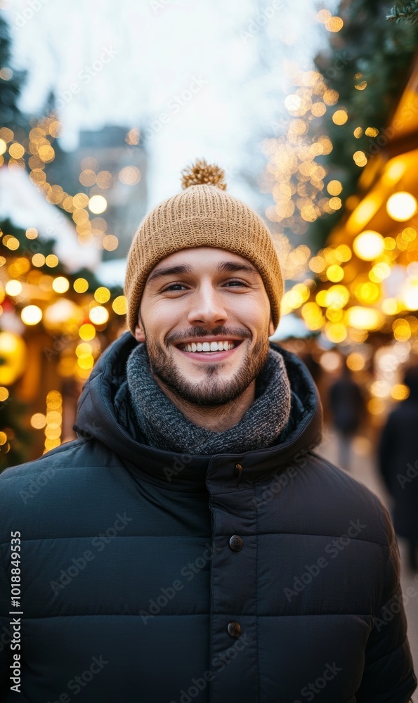 Poster Smiling person making a selfie in a Christmas market surrounded by wooden stalls and glowing ornaments, holiday cheer theme 