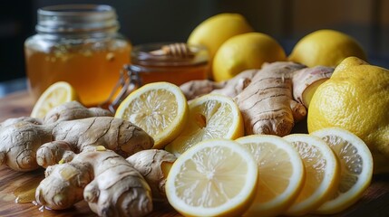 Fresh lemons and ginger with honey jars on wooden surface.