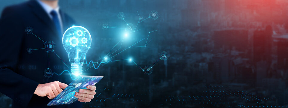 Automation: Businessman using tablet with growth graph analyzing automation and process efficiency, productivity, workflow, optimization, cost reduction.
