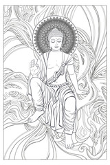 Buddha in Flowing Energy - Vector Coloring Page. Perfect for meditation, mindfulness, art therapy, adult coloring books, and spiritual-themed projects.