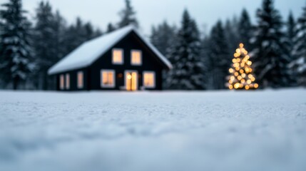 Snow-covered cabin with warm glowing lights and a decorated tree outside, idyllic White Christmas scene 