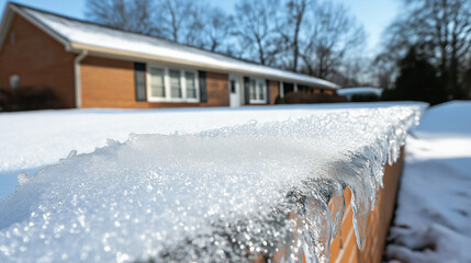 Snow-covered house roof with ice dams forming along the edges, highlighting winter damage and snow problems 