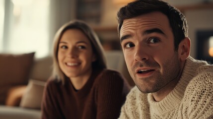 A happy couple enjoying quality time together at home, smiling and relaxed.