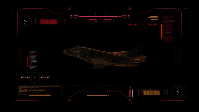 Digital Blueprint Scan of US Army Aircraft f 35 Lightning II. All-Weather, Supersonic Stealth Fighter Aircraft. 5th Generation Plane. Futuristic User Interface HUD. Military Recon 360 View. F 35