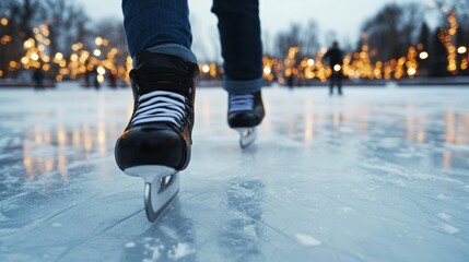 Obraz premium Snow-covered ice rink with families skating in the evening under twinkling holiday lights, festive winter fun 