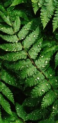 Obraz premium Close-up of dew-kissed fern leaves in the morning light, showcasing vibrant dark green tones and glossy texture