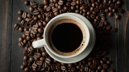 Fototapeta premium Coffee, Cup, Steam, Coffee Beans, Boiling Water, Plate, Spoon