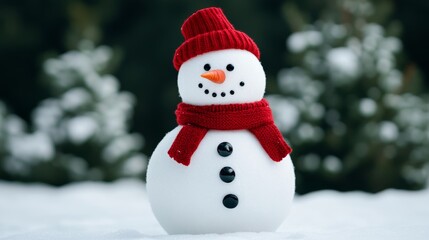 Fototapeta premium Snowman wearing a red scarf and top hat, surrounded by snow-laden trees, cheerful White Christmas theme 