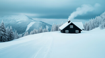 Snowy ski lodge with smoke curling from the chimney, surrounded by pristine snow and ski trails winding down the mountain 